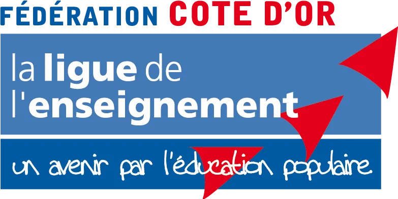 logo sur fond bleu avec écriture en blanc et rouge Fédération Cote d'Or La ligue de l'Enseignement un avenir par l'éducation populaire
