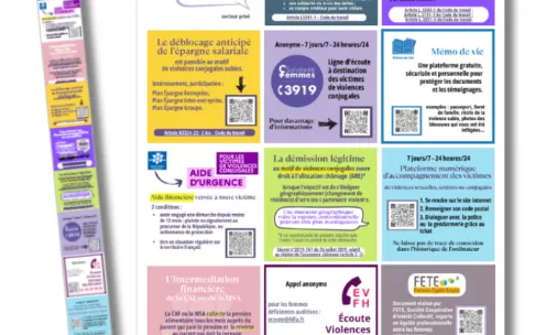 llustration d'une affiche et d'un flyer portant sur lse violences économiques et conjugales réalisés par FETE